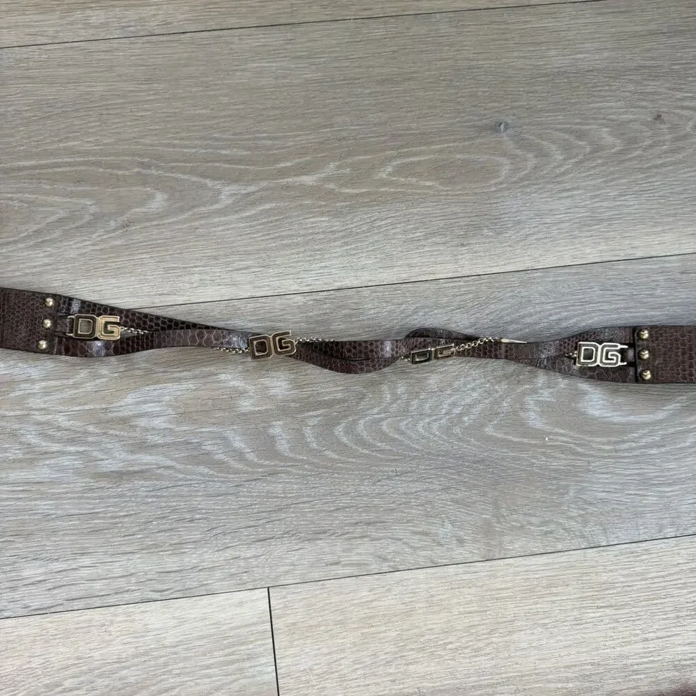 Dolce & Gabbana Brown Embossed Leather DG Logo Chain Belt